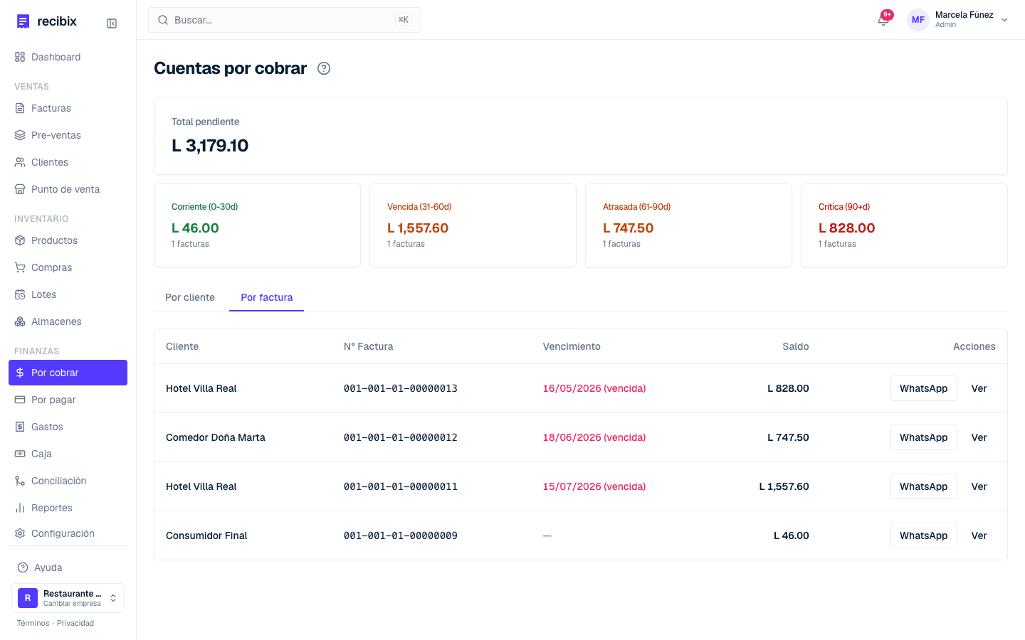 Vista por factura de cuentas por cobrar con vencimiento, saldo y botón para cobrar por WhatsApp