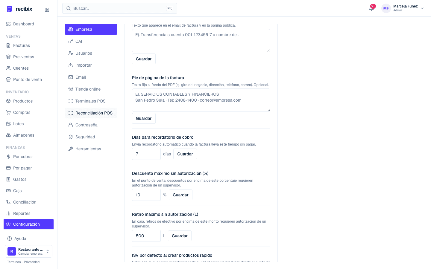 Configuración de los días para el recordatorio automático de cobro