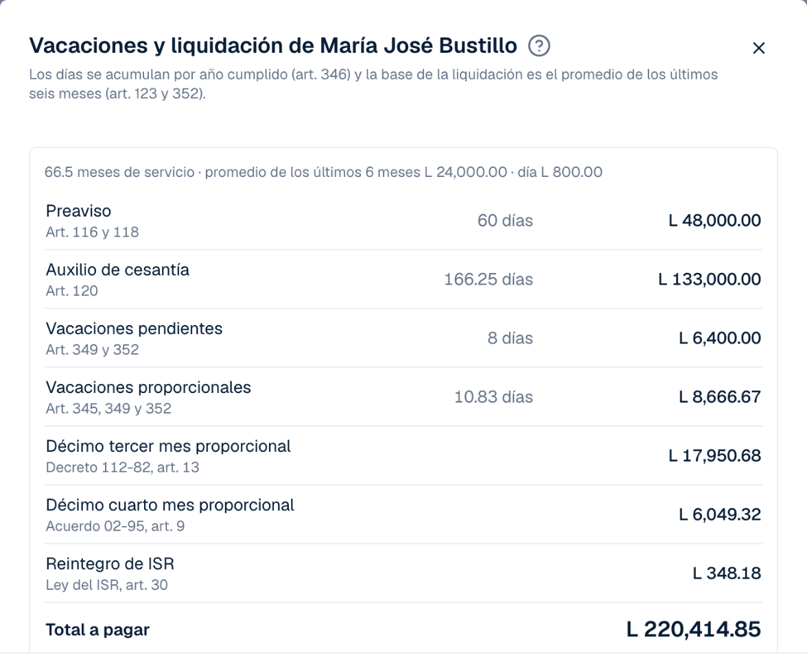 Cálculo de una liquidación con el preaviso, el auxilio de cesantía, las vacaciones y los décimos proporcionales