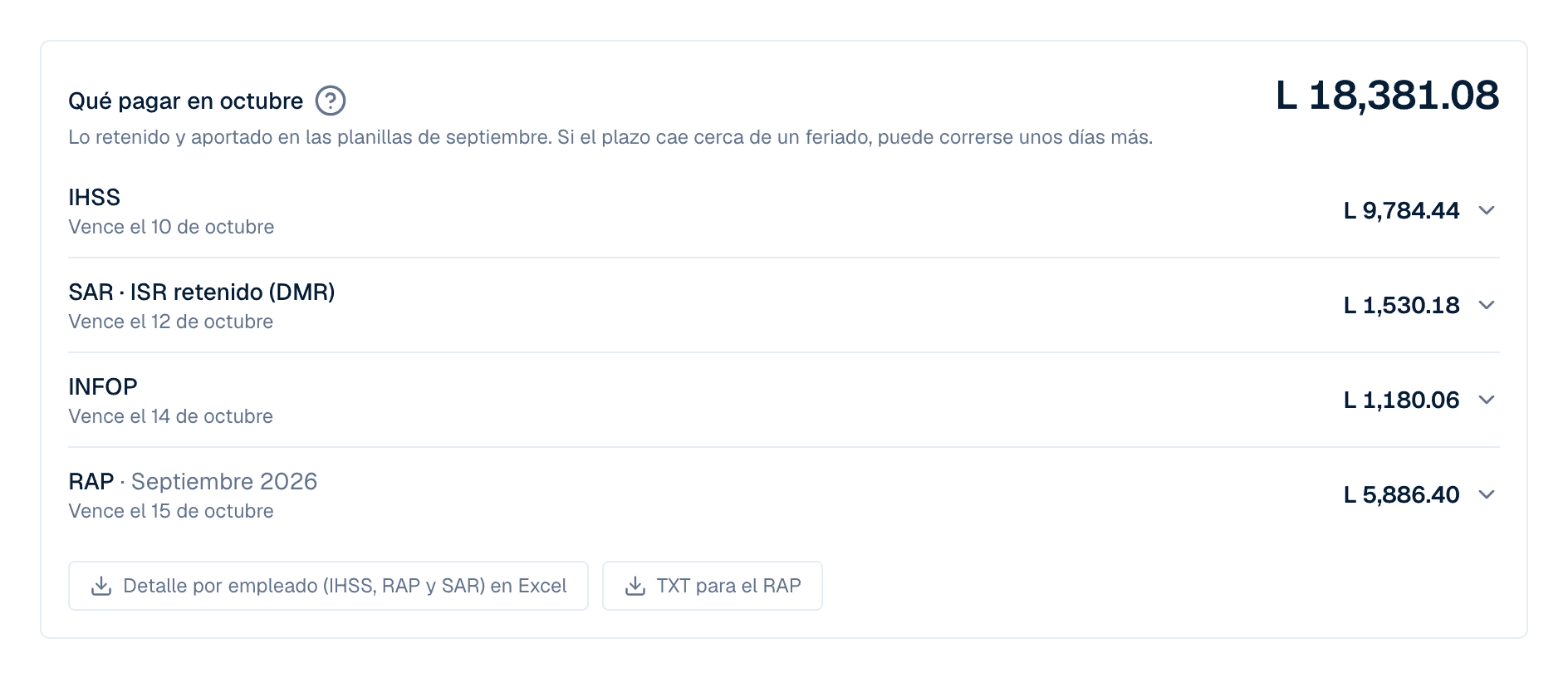 Recuadro Qué pagar del mes con los montos y las fechas límite del IHSS, el ISR, el INFOP y el RAP, y los botones del detalle en Excel y del TXT del RAP
