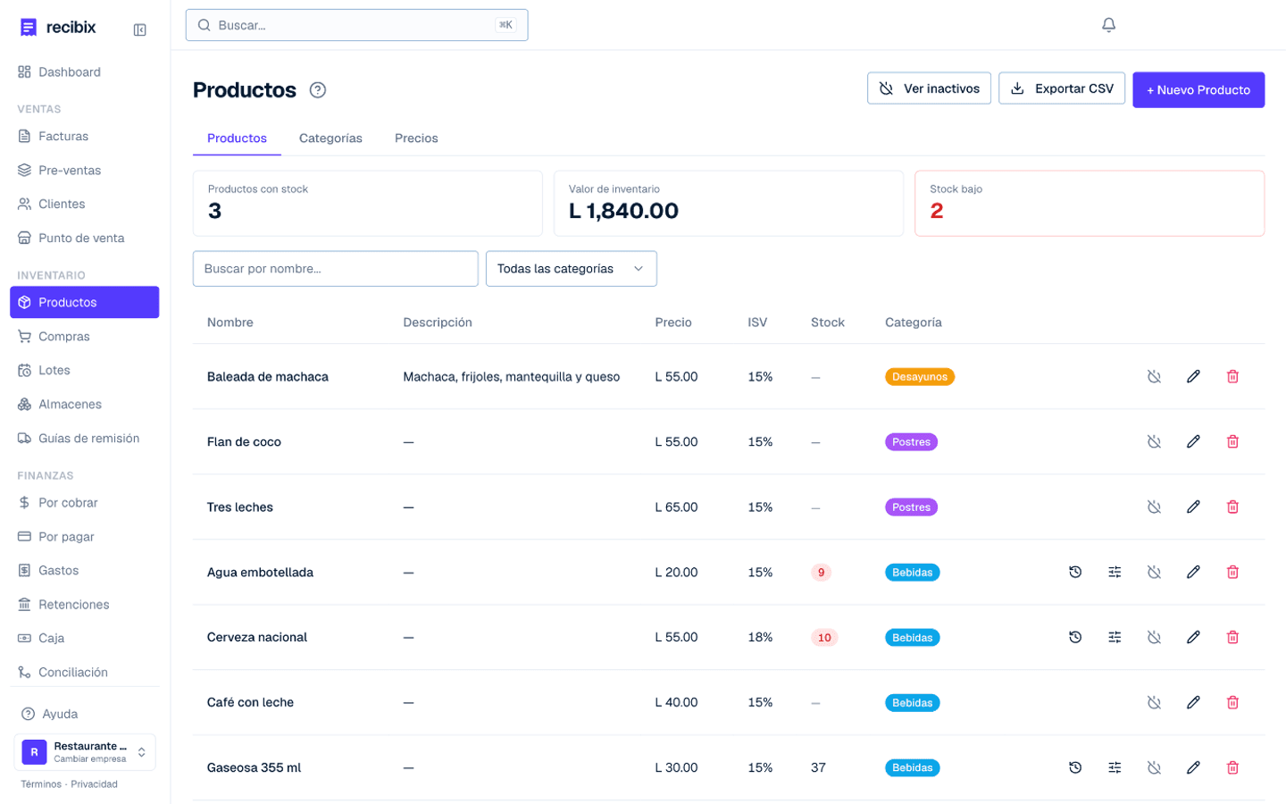Lista de productos de Recibix con stock, precio, categoría y valor del inventario