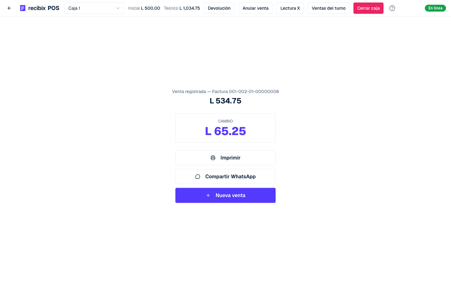Venta cerrada en el punto de venta con el cambio, imprimir y compartir por WhatsApp