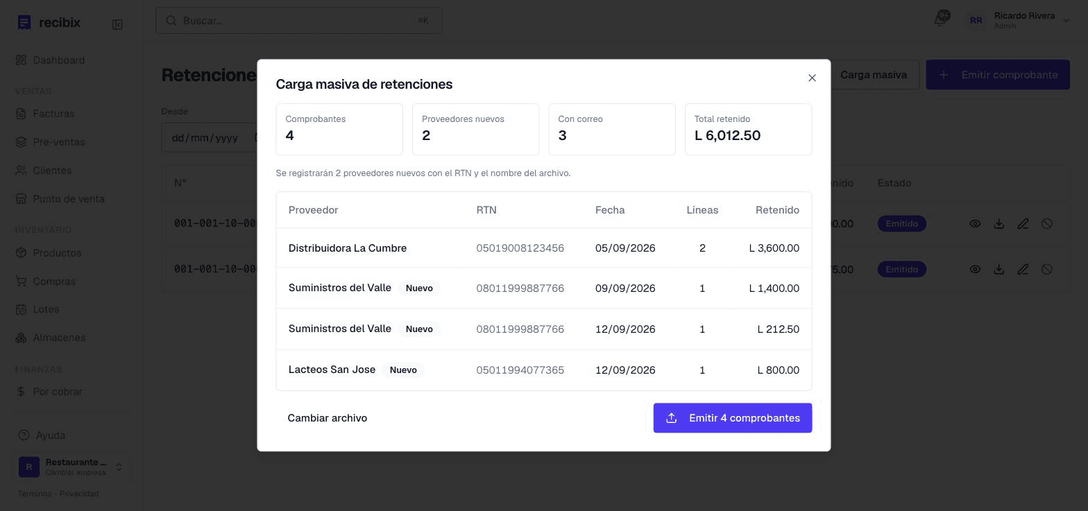 Previsualización de la carga masiva: 4 comprobantes, 2 proveedores nuevos y el total retenido, antes de emitir