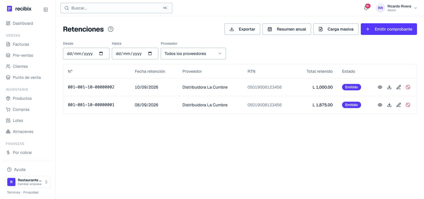 Pantalla de comprobantes de retención de Recibix con los comprobantes emitidos y su total retenido