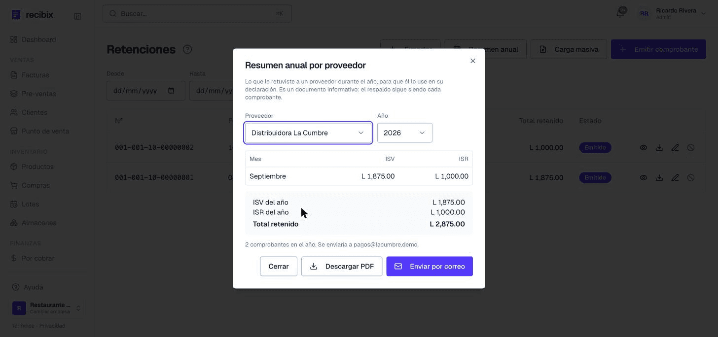 Resumen anual de un proveedor con lo retenido por mes, separado en ISV e ISR, y el total del año