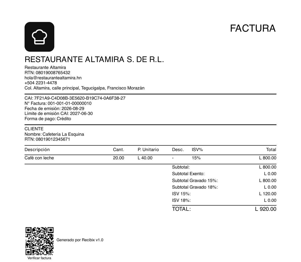 Factura impresa desde Recibix: logo y razón social del negocio, CAI, número de factura, cliente con su RTN, detalle con ISV y código QR para verificarla