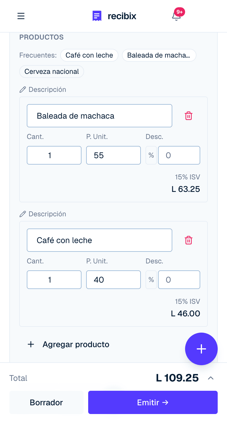 Factura en preparación en el celular, con dos productos y el total calculado, lista para emitir