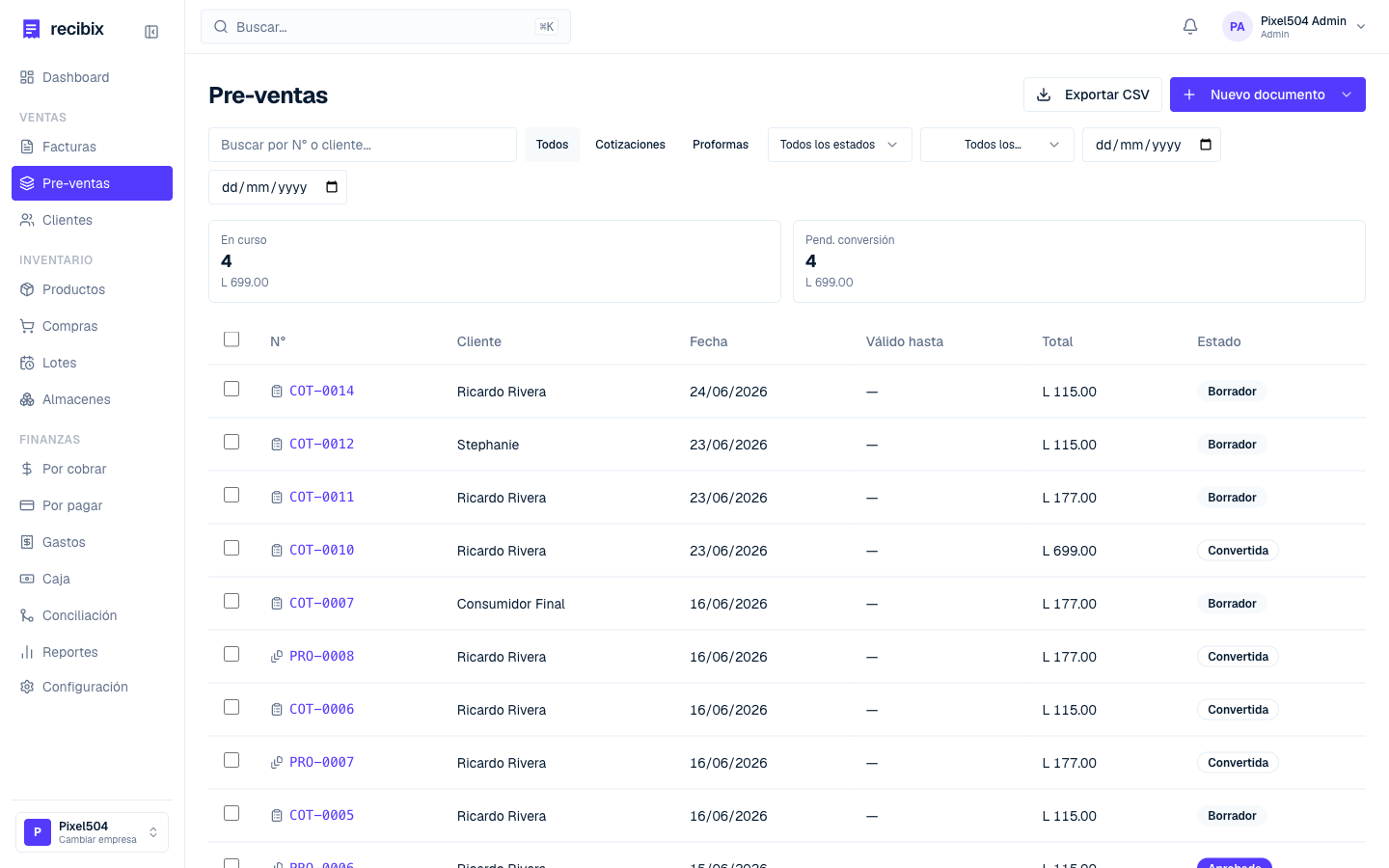 Lista de pre-ventas